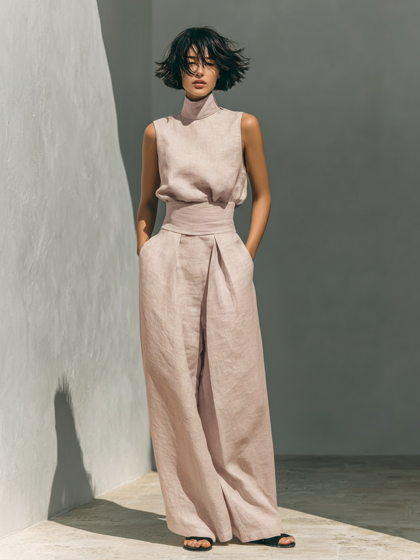 Léa – Ensemble deux pièces en lin avec blouse sans manches et pantalon large femme