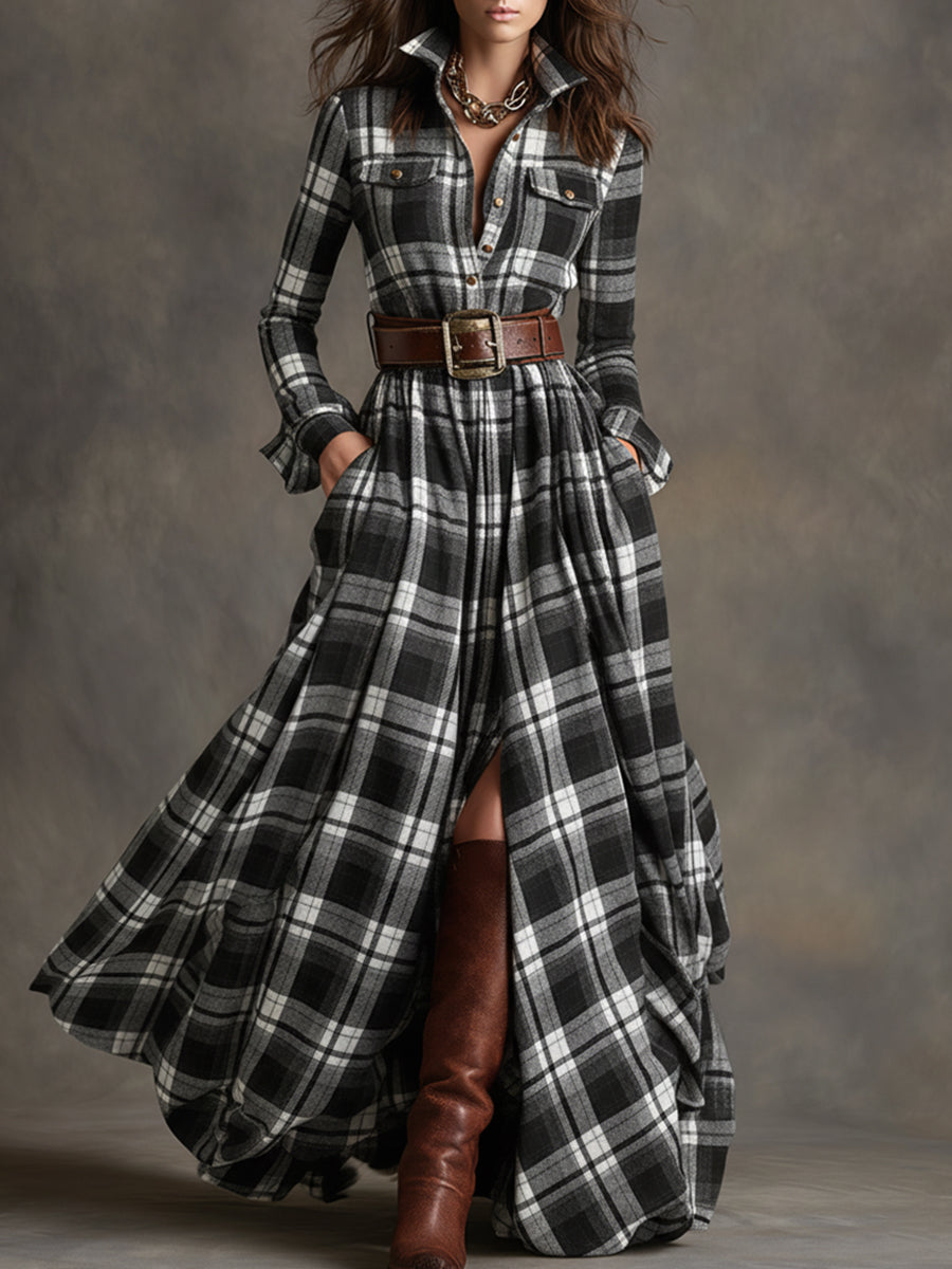 Juliette – Robe longue à carreaux ceinturée de style rétro