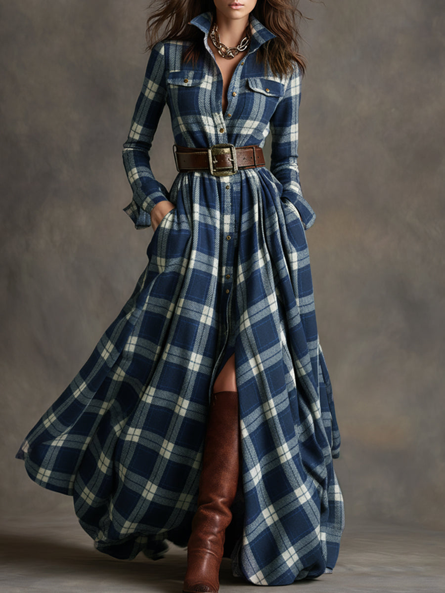 Juliette – Robe longue à carreaux ceinturée de style rétro