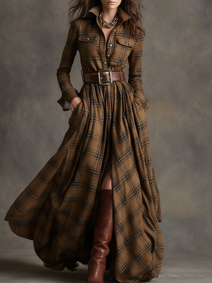 Juliette – Robe longue à carreaux ceinturée de style rétro