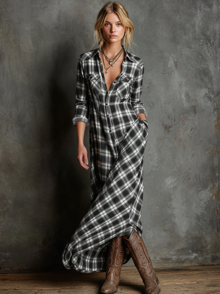 Lucie – Robe chemise maxi à carreaux femme