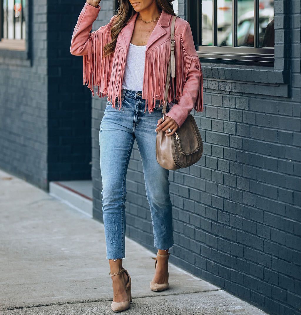 Capucine – Veste courte à franges avec col à revers femme