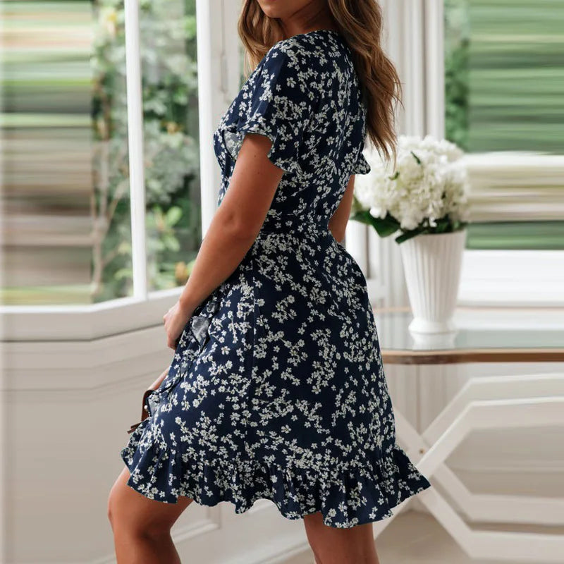 Capucine – Robe mini évasée à volants fleurie