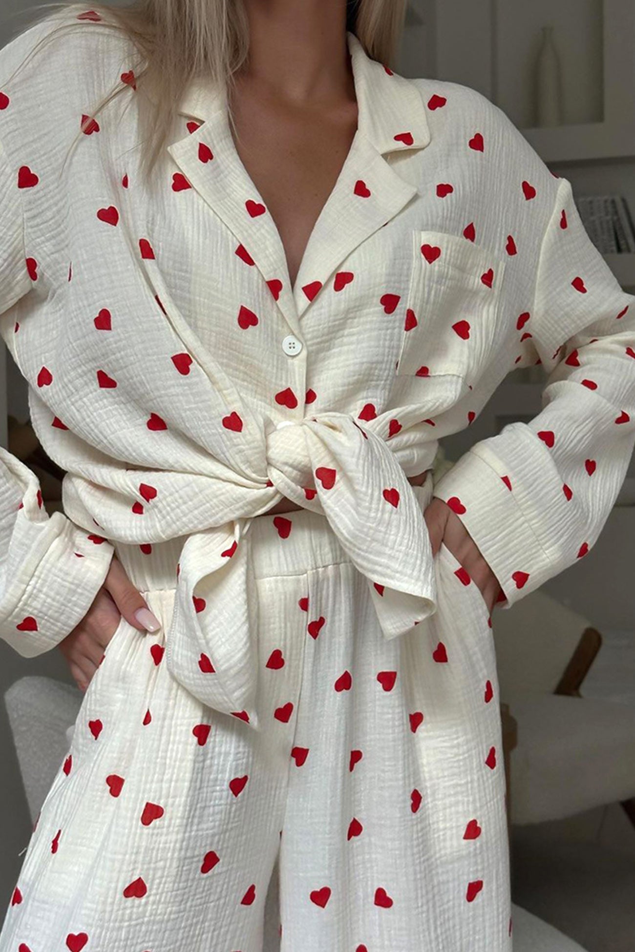 Élodie – Ensemble de pyjama doux à motif cœur pour soirées cocooning femme