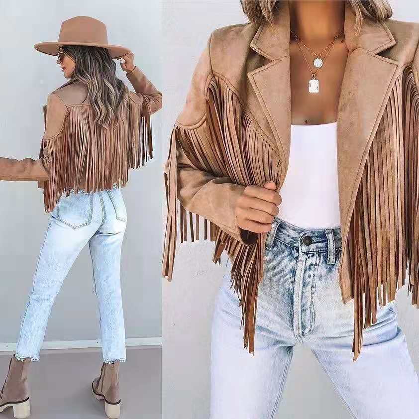 Capucine – Veste courte à franges avec col à revers femme