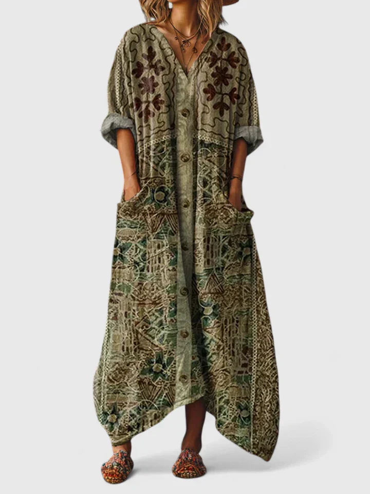 Philippine – Robe maxi en coton à imprimé bohème avec poche avant femme
