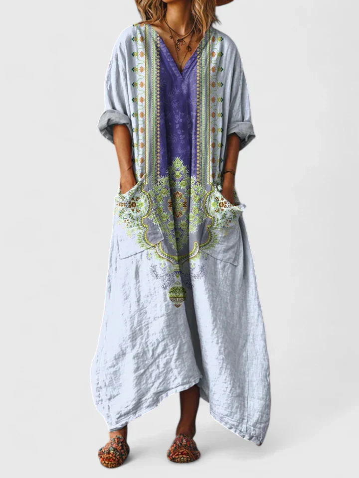 Philippine – Robe maxi en coton à imprimé bohème avec poche avant femme