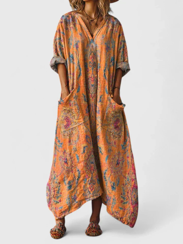 Philippine – Robe maxi en coton à imprimé bohème avec poche avant femme