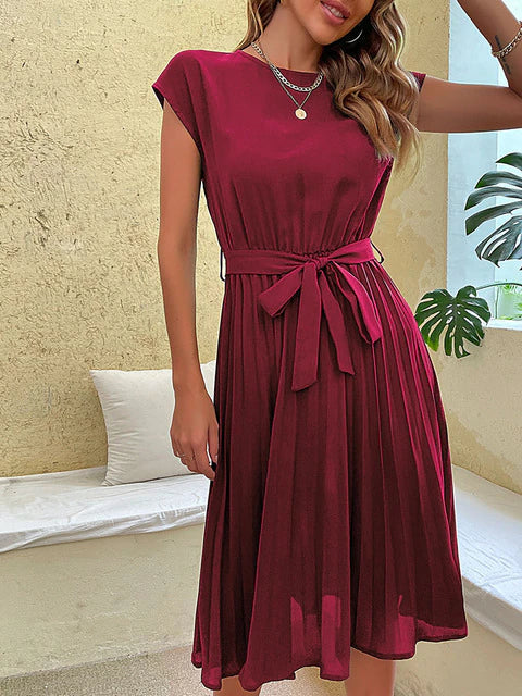Léna – Robe midi plissée à manches courtes femme