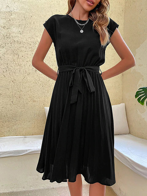 Léna – Robe midi plissée à manches courtes femme