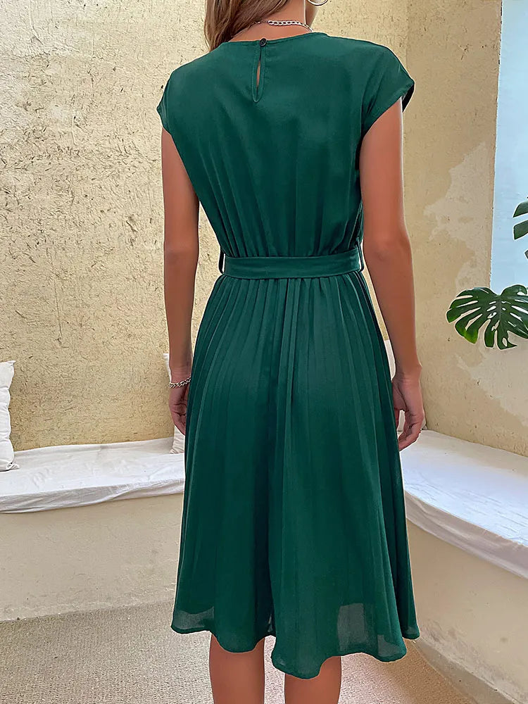 Léna – Robe midi plissée à manches courtes femme