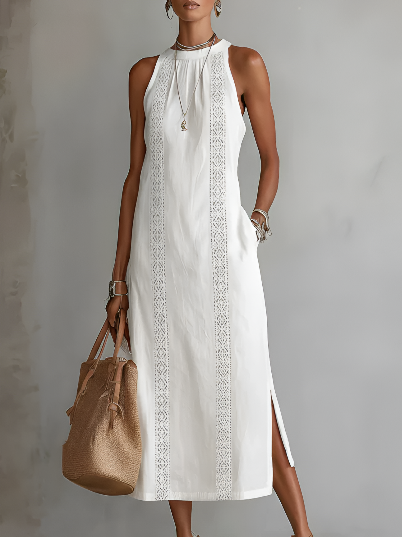 Robe midi d'été fluide à empiècements en dentelle avec poches et fentes latérales