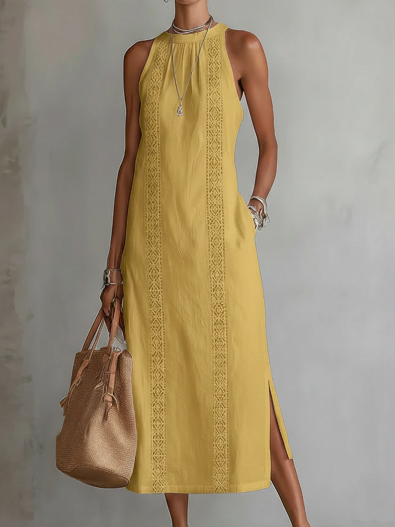 Robe midi d'été fluide à empiècements en dentelle avec poches et fentes latérales