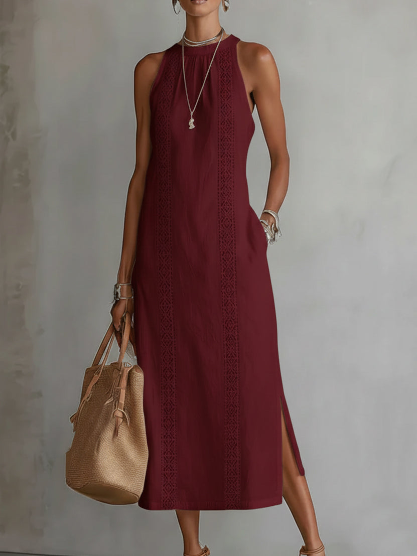 Robe midi d'été fluide à empiècements en dentelle avec poches et fentes latérales