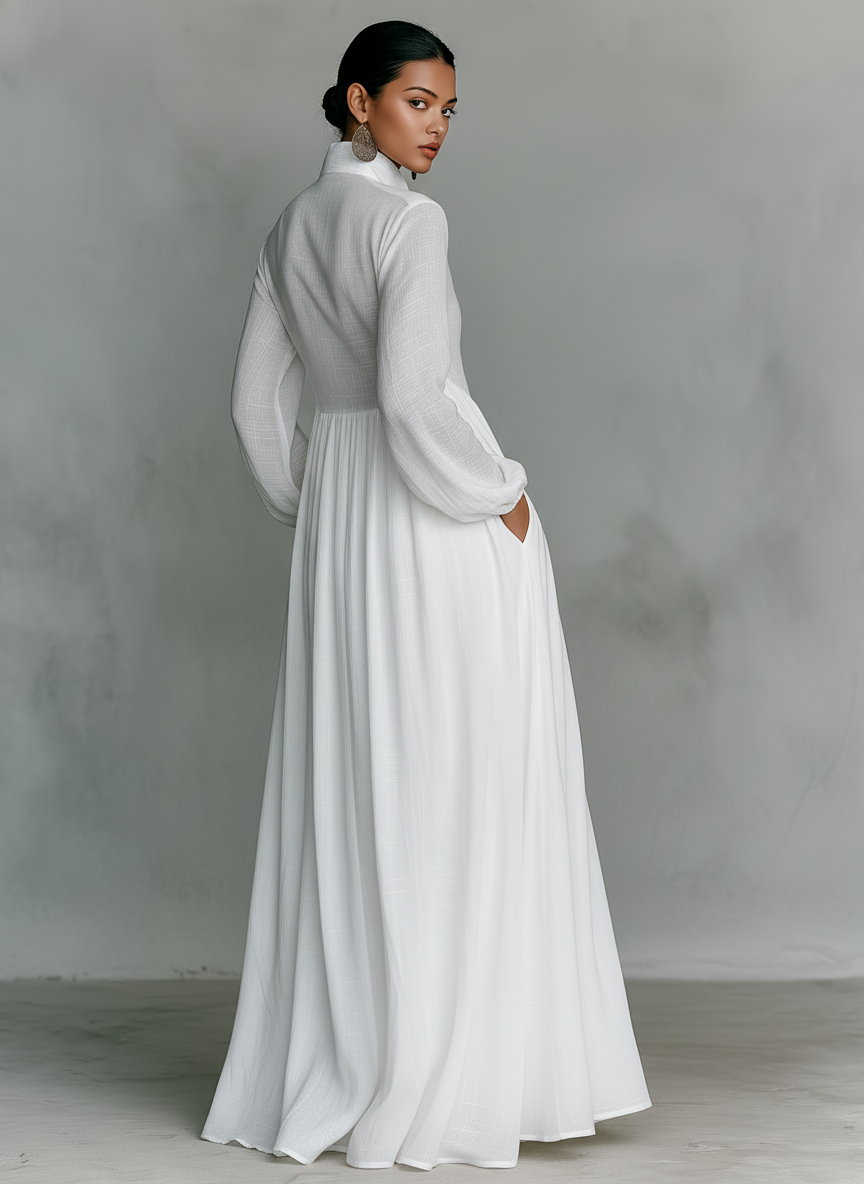 Justine – Robe chemise maxi en lin à col montant et manches longues femme