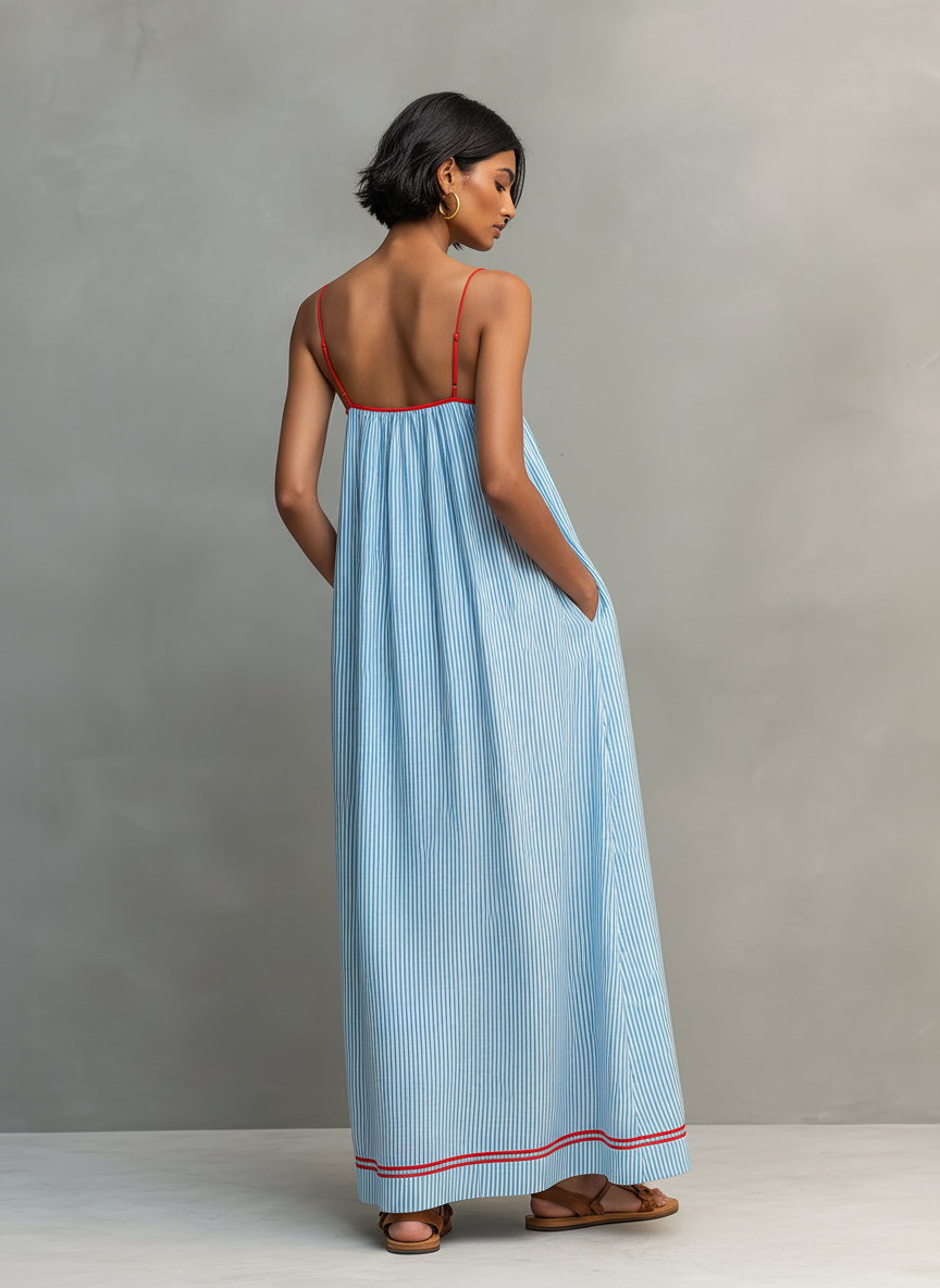Ophélie – Robe maxi rayée à fines bretelles et liseré femme