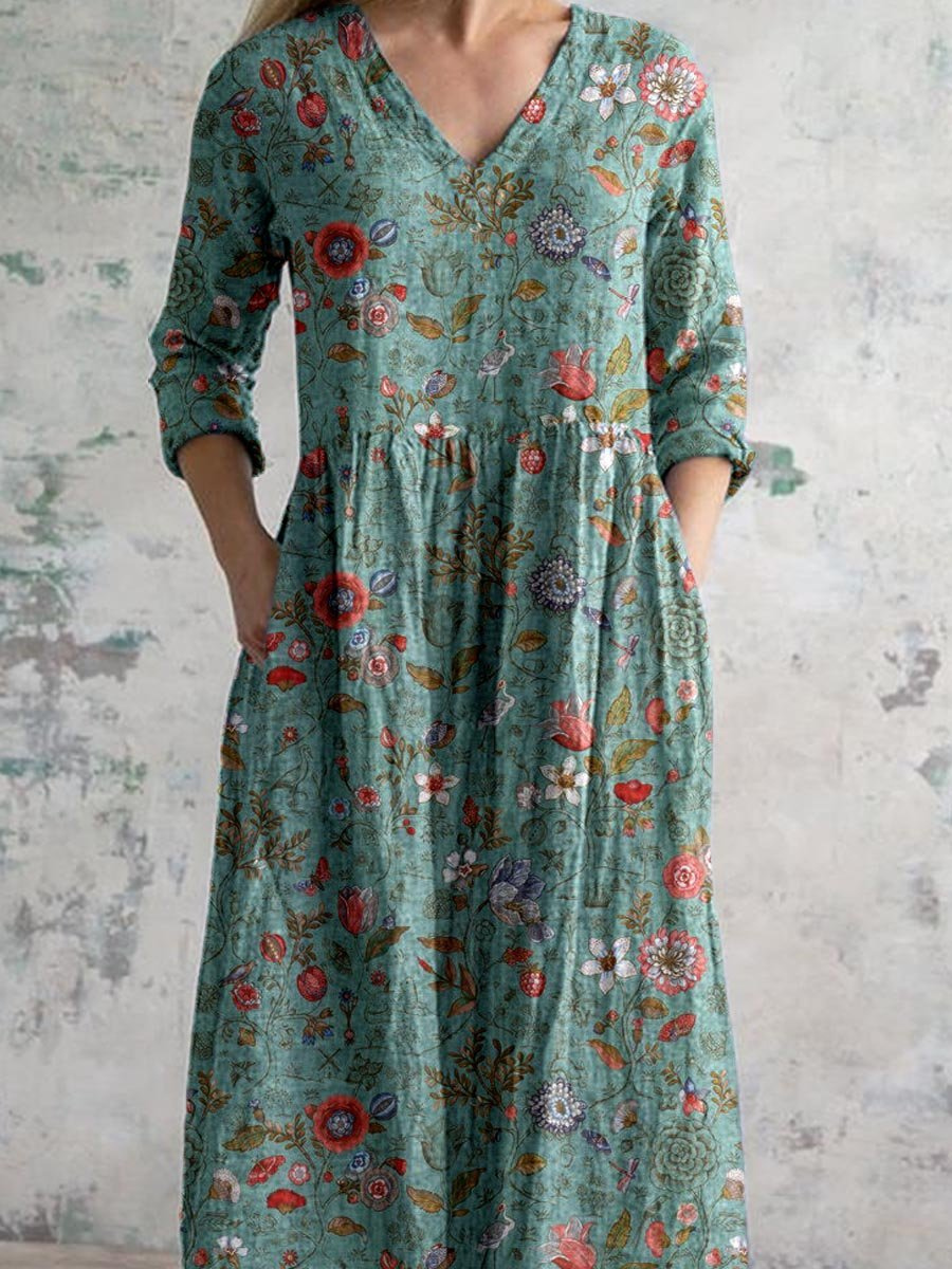 Lucienne – Robe maxi en coton bohème à imprimé floral, col en V et poches femme