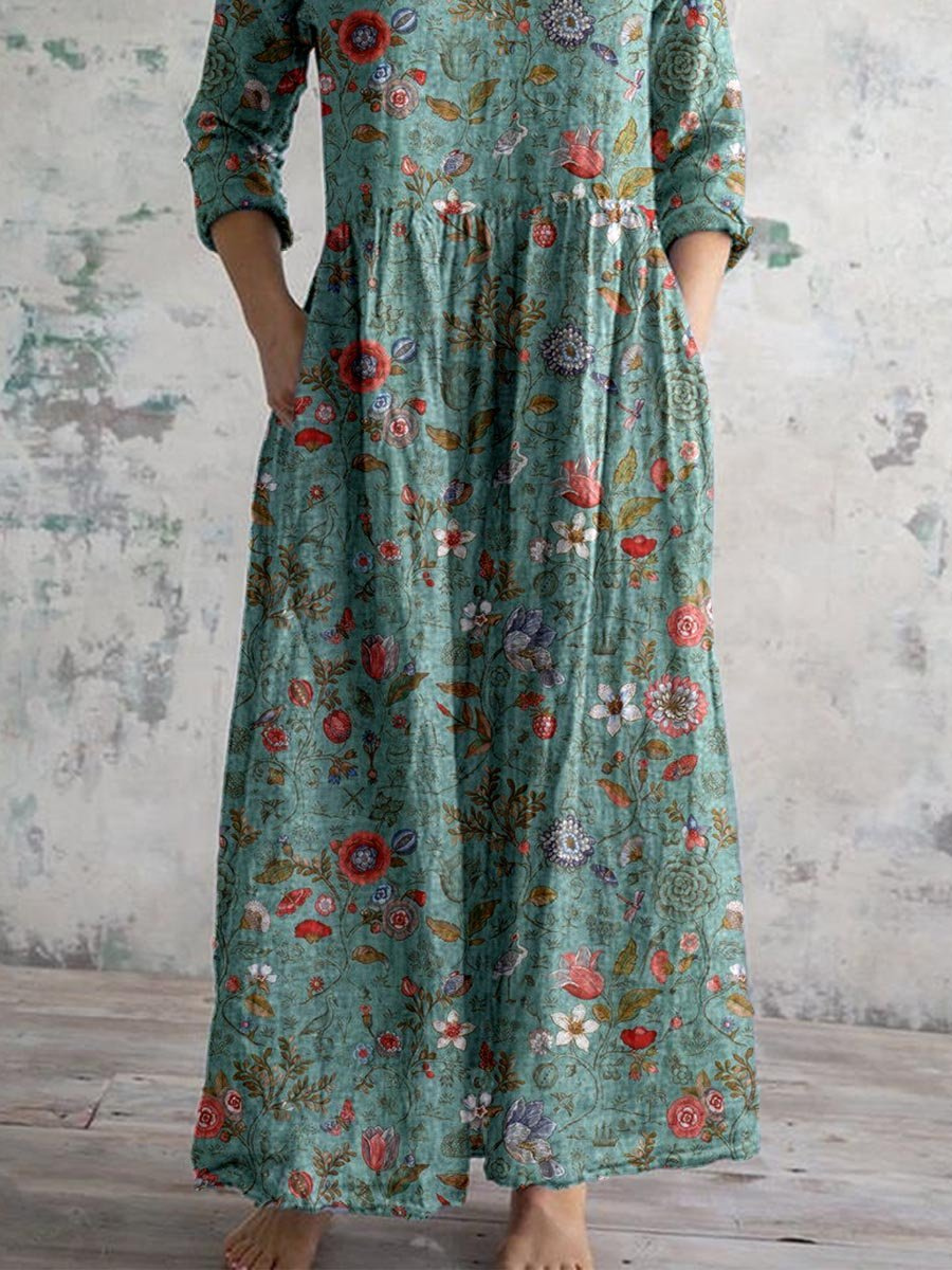 Lucienne – Robe maxi en coton bohème à imprimé floral, col en V et poches femme