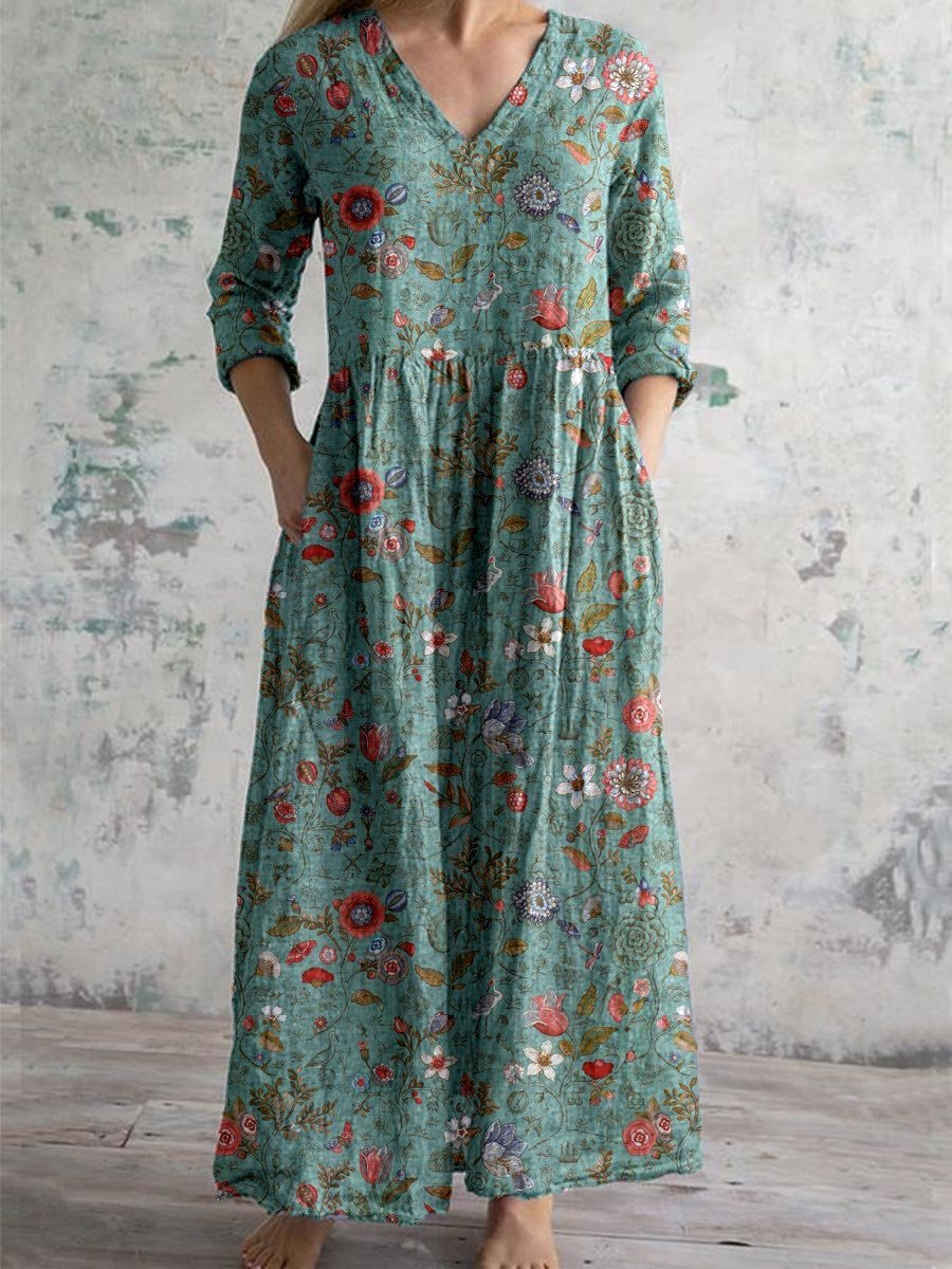 Lucienne – Robe maxi en coton bohème à imprimé floral, col en V et poches femme