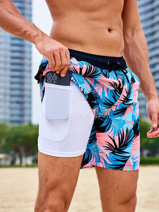 Short de bain homme 2-en-1 séchage rapide à poche téléphone