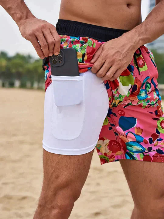 Short de bain homme 2-en-1 séchage rapide à poche téléphone