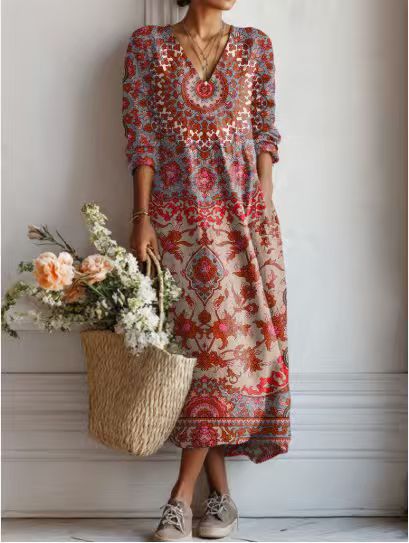 Robe midi en lin à motif artistique et poches