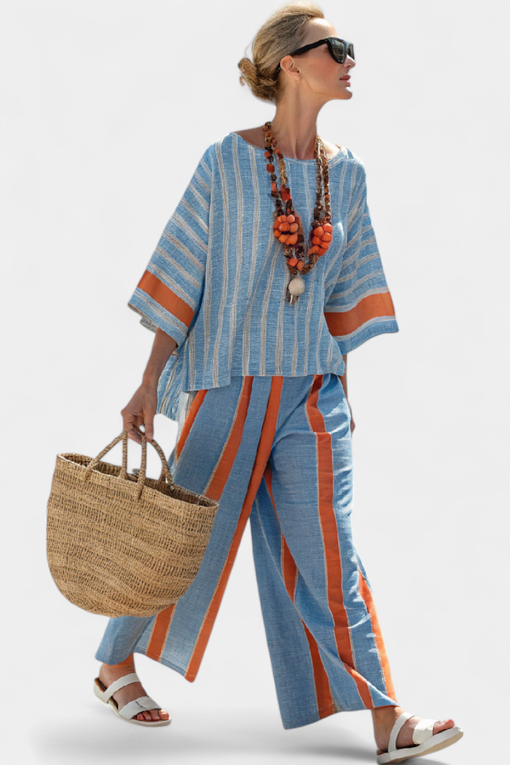 Pauline – Ensemble femme top rayé terracotta et pantalon en lin