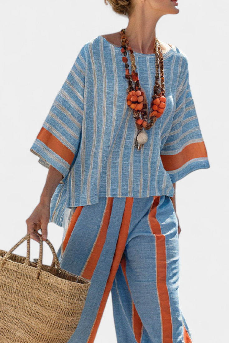Pauline – Ensemble femme top rayé terracotta et pantalon en lin