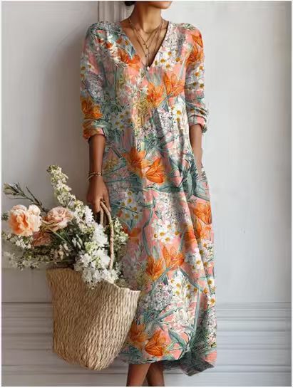 Robe midi en lin à motif artistique et poches