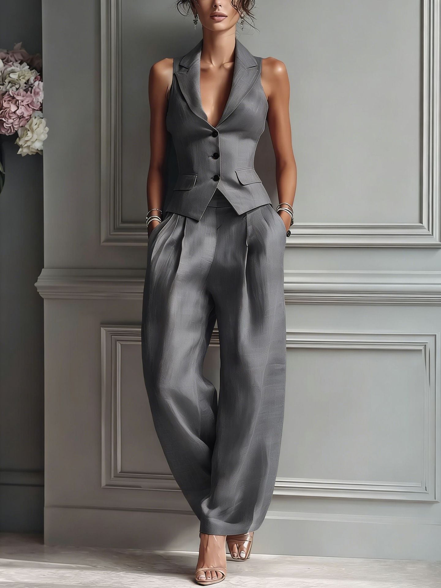 Ensemble femme deux pièces à col V sans manches