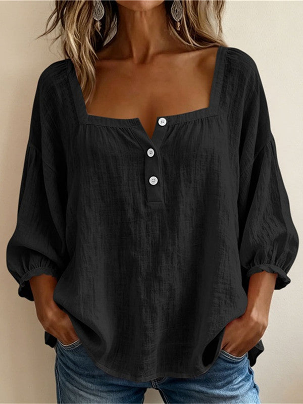 Blouse en lin femme à encolure carrée et manches bouffantes 3/4