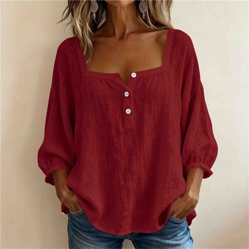 Blouse en lin femme à encolure carrée et manches bouffantes 3/4