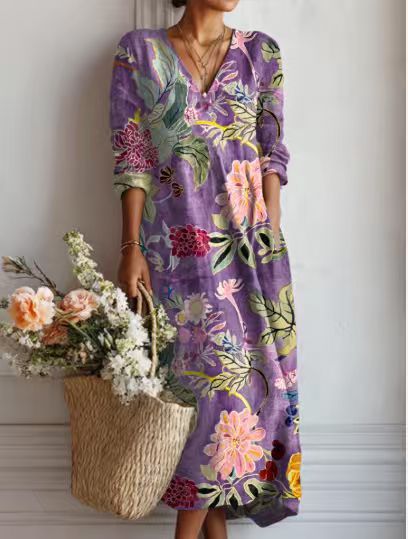 Robe midi en lin à motif artistique et poches
