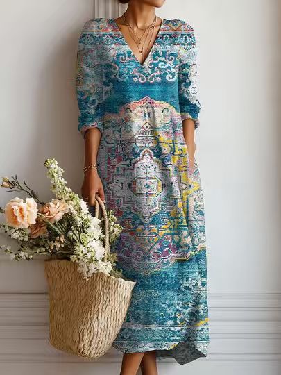 Robe midi en lin à motif artistique et poches