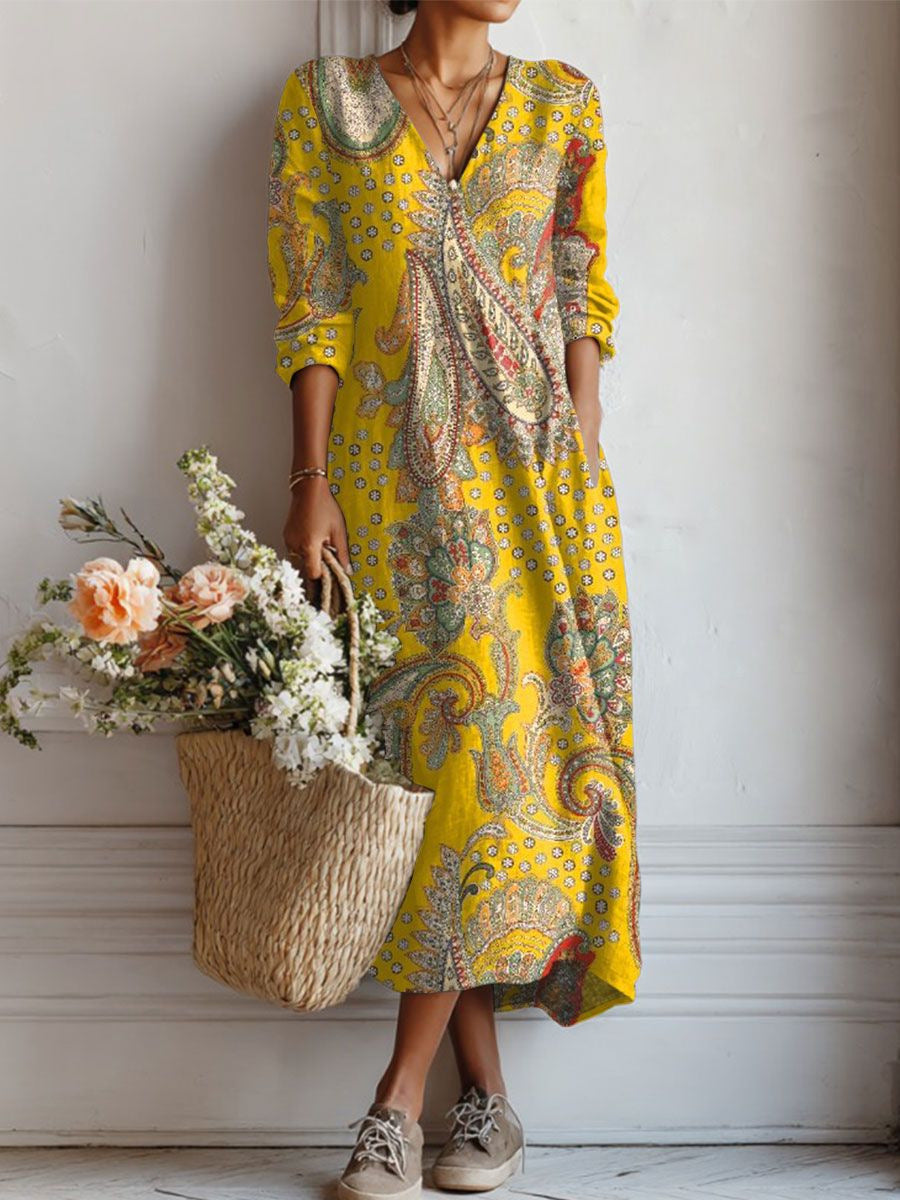 Robe midi en lin à motif artistique et poches