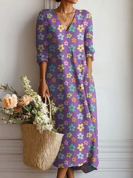 Robe midi en lin à motif artistique et poches