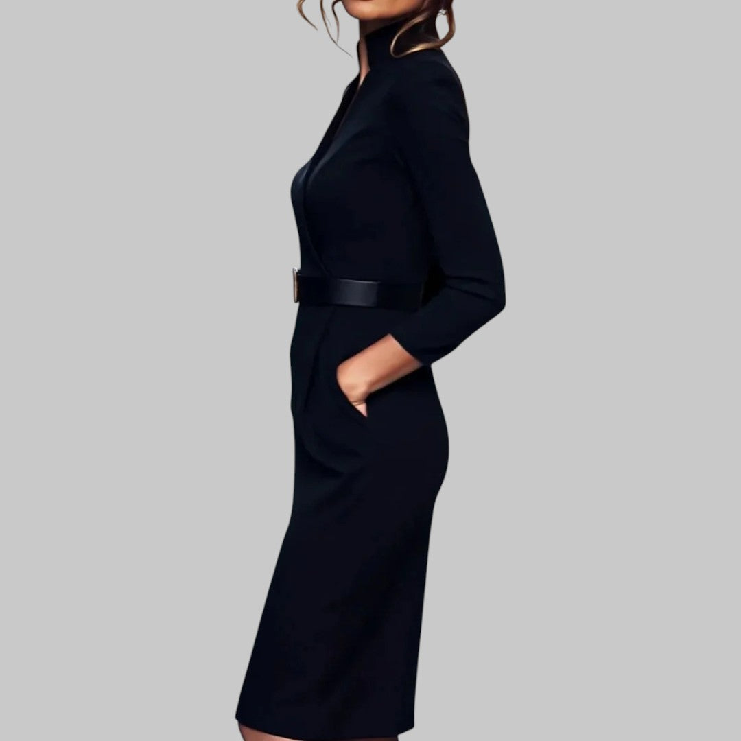 Clara – Robe midi fourreau ceinturée à col raffiné femme