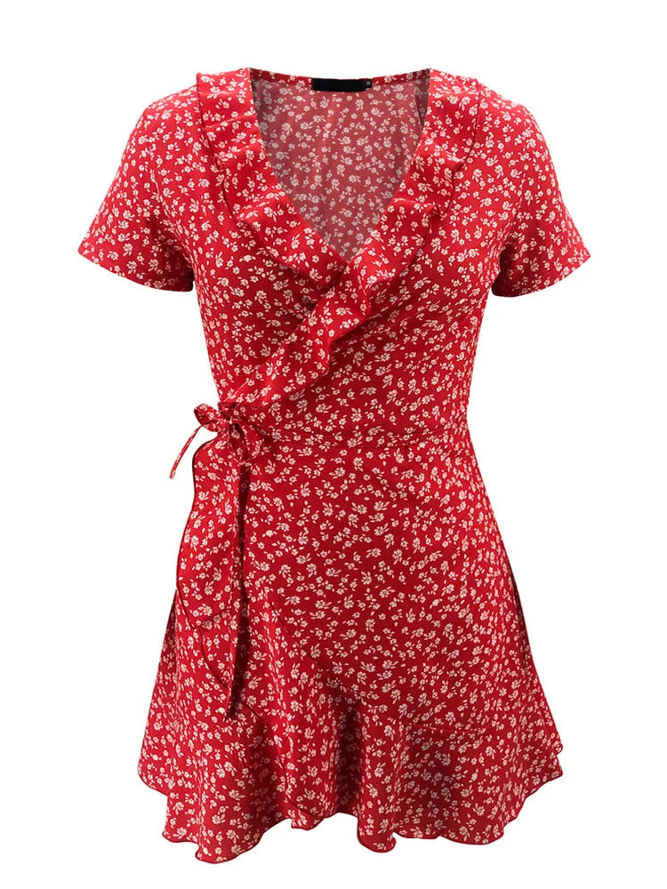 Camille – Robe courte fleurie à col V et volants