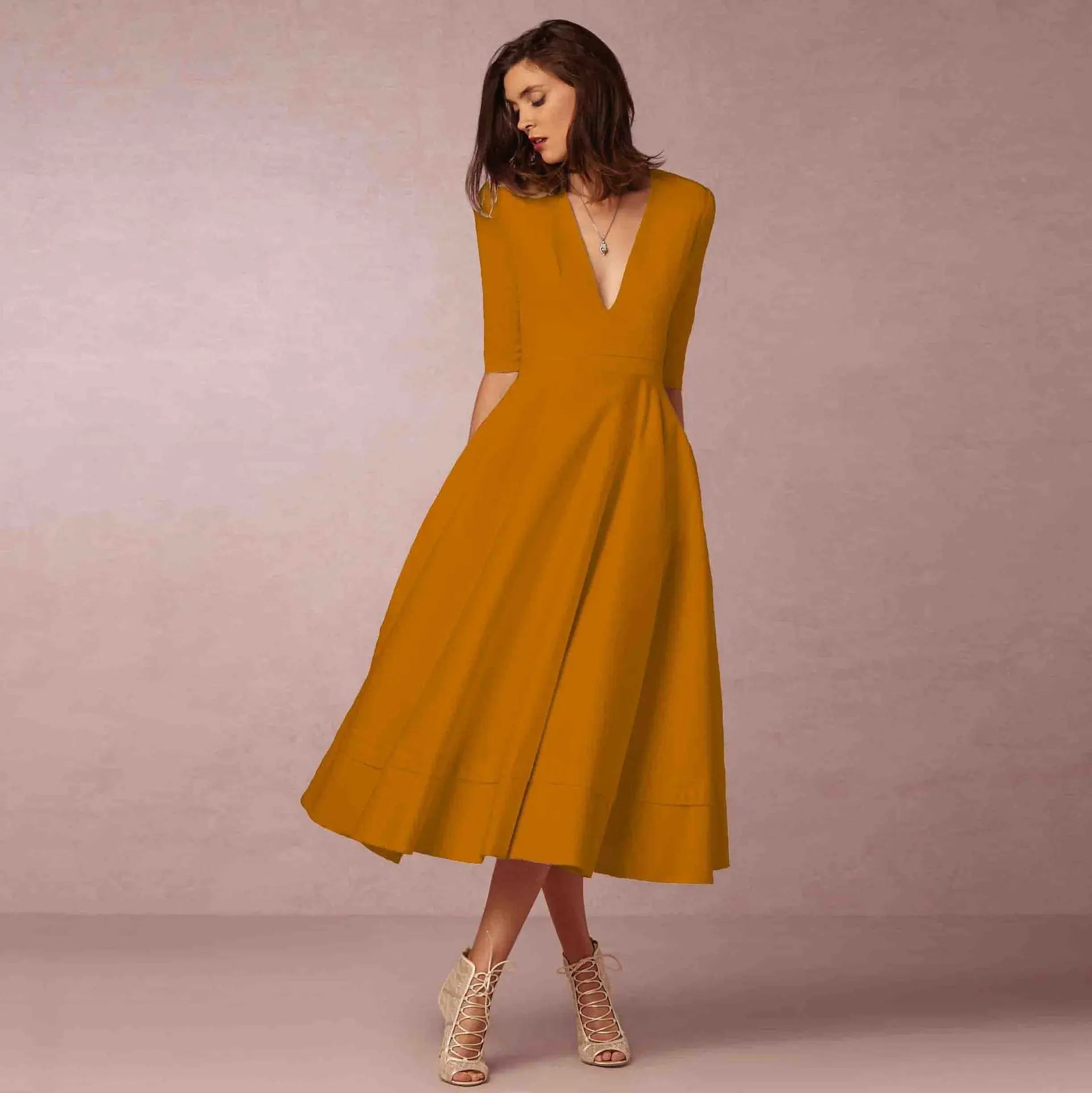 Constance – Robe midi d'été à col en V et manches au coude femme
