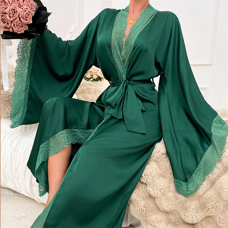 Isabelle – Kimono long en dentelle avec ceinture et manches larges femme