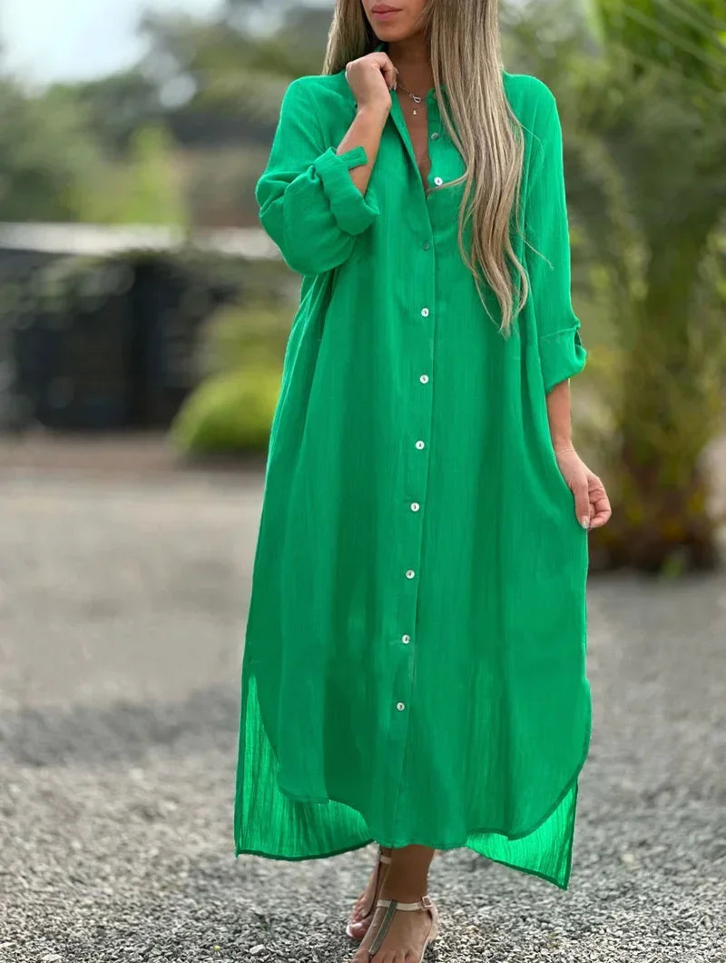 Robe chemise longue en coton à manches longues