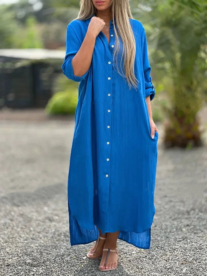 Robe chemise longue en coton à manches longues
