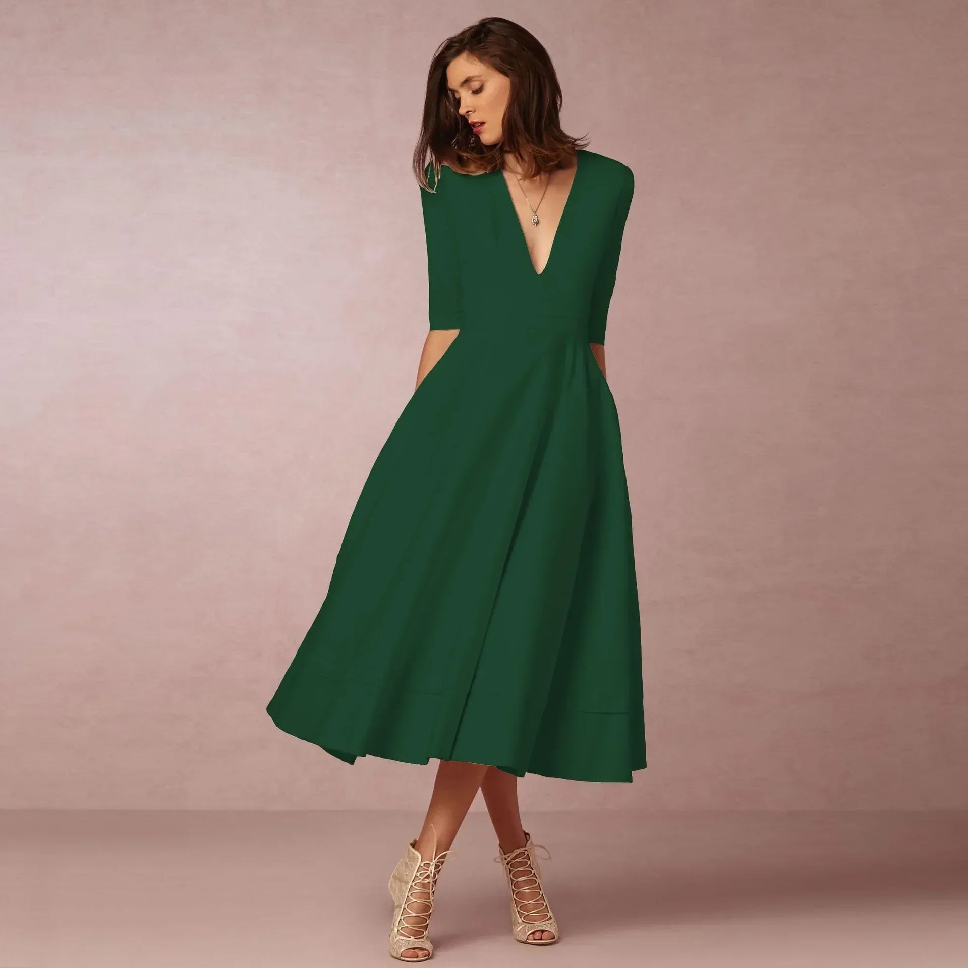 Constance – Robe midi d'été à col en V et manches au coude femme