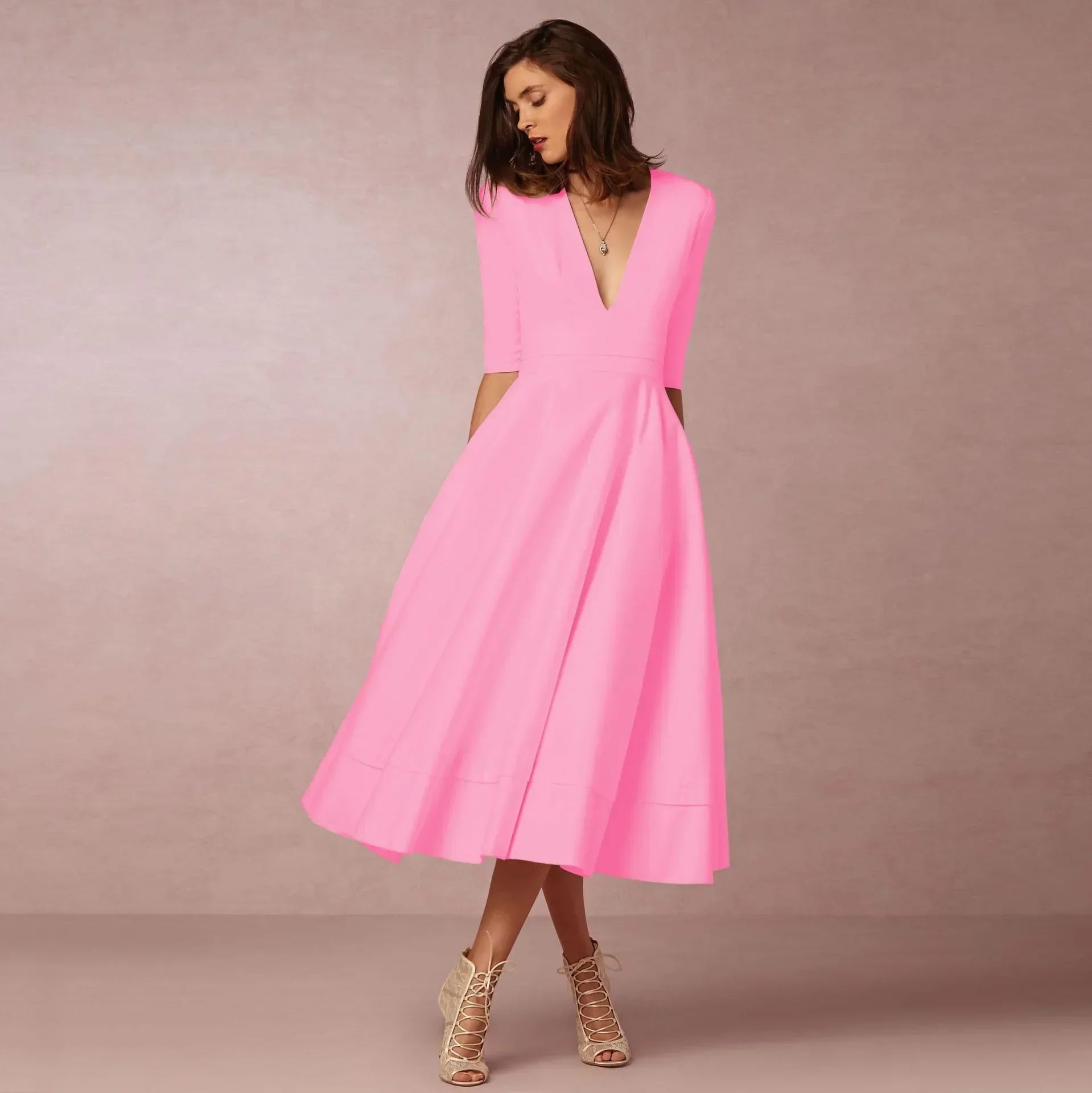 Constance – Robe midi d'été à col en V et manches au coude femme