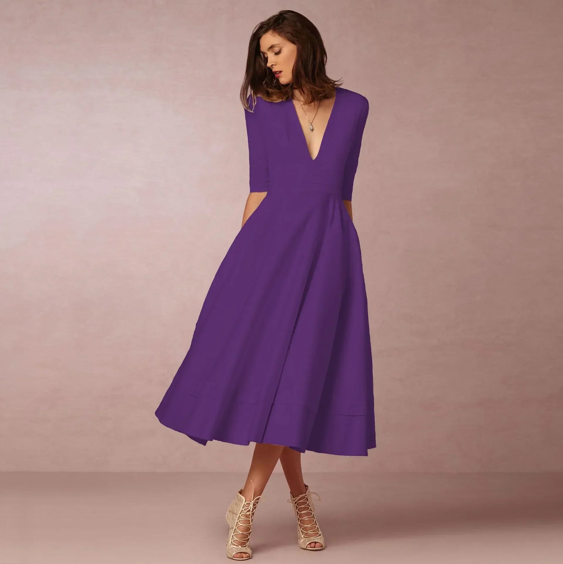 Constance – Robe midi d'été à col en V et manches au coude femme
