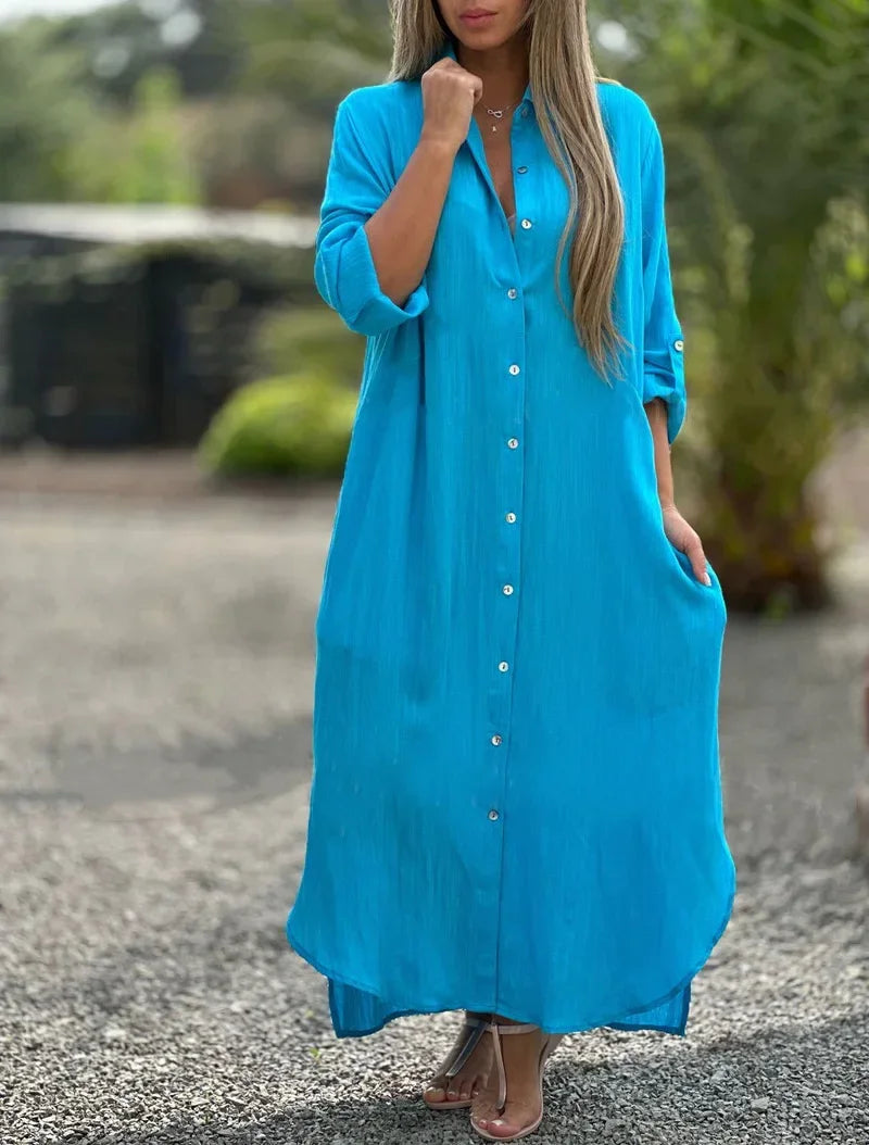 Robe chemise longue en coton à manches longues