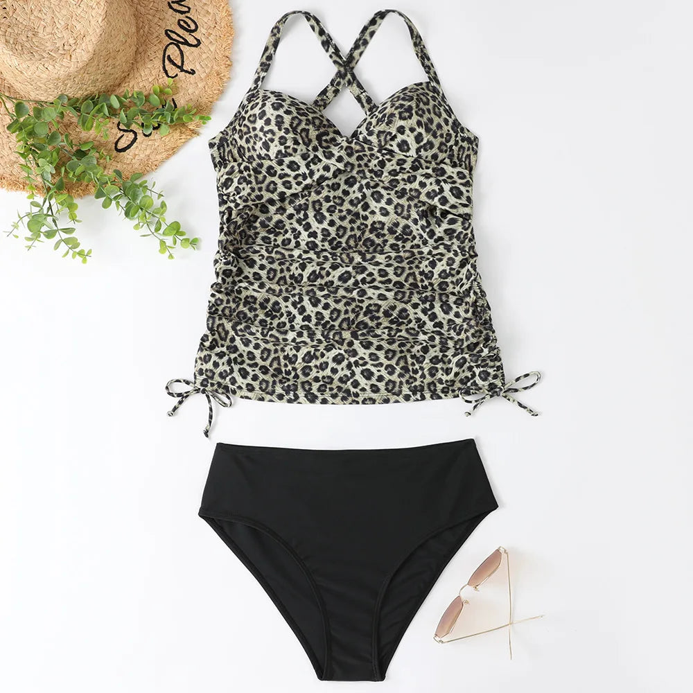 Tankini gainant femme à col halter, maillot de bain froncé