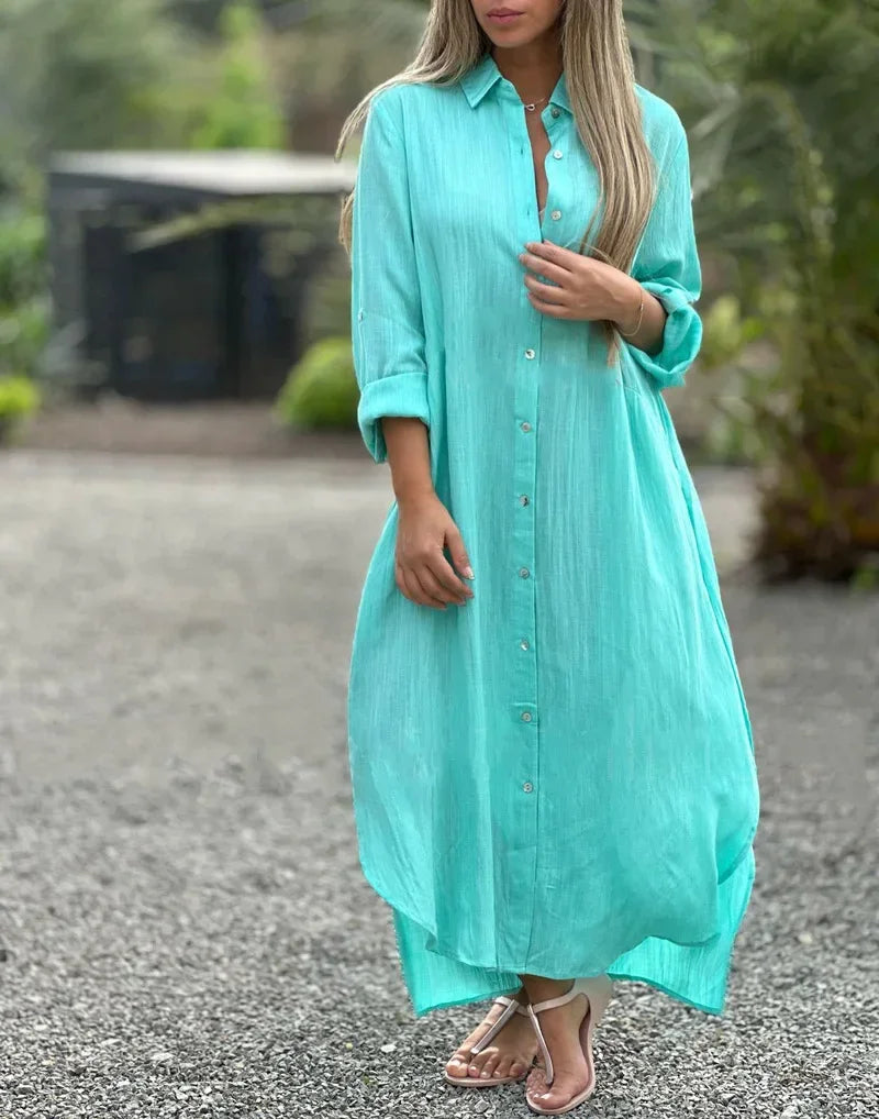 Robe chemise longue en coton à manches longues