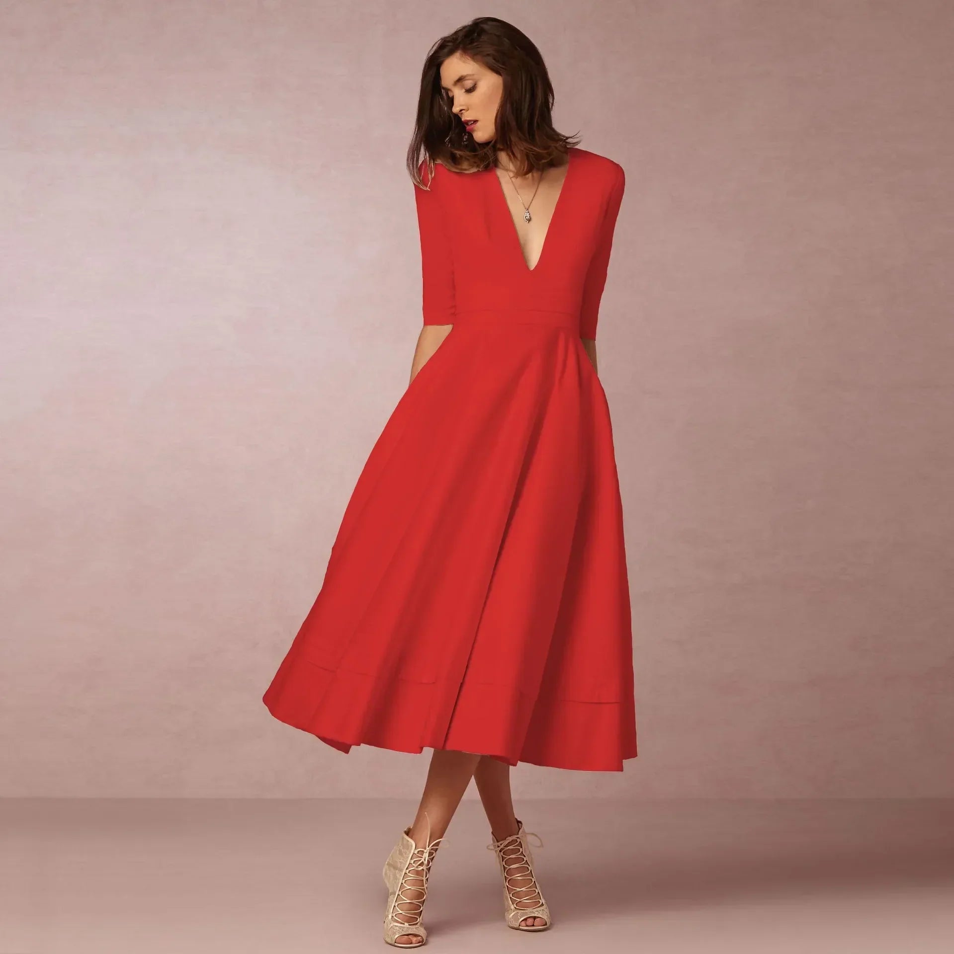 Constance – Robe midi d'été à col en V et manches au coude femme