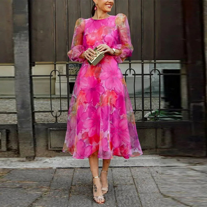 Amélie – Robe midi à fleurs rose et bleu femme